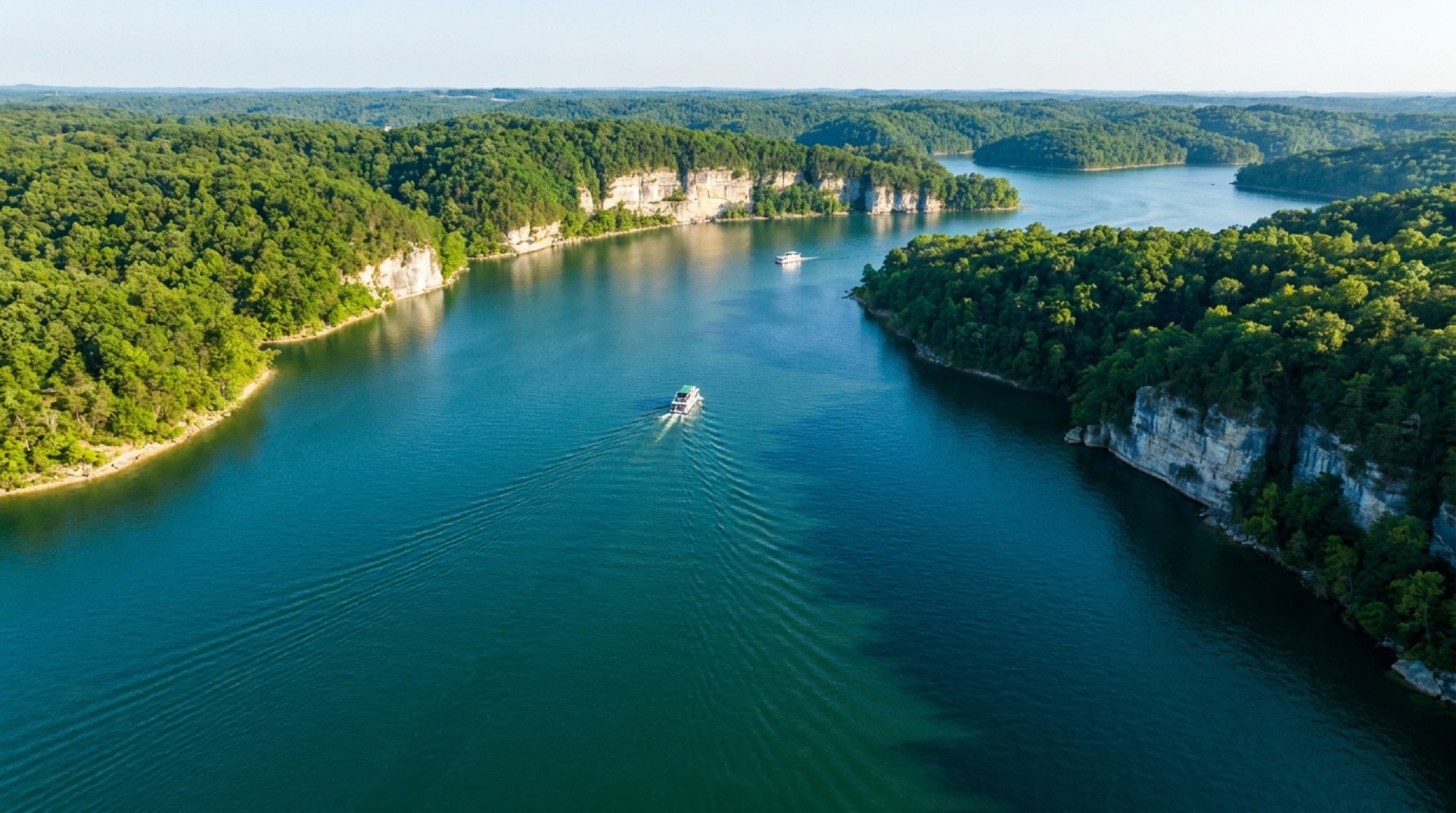 Aerial view of Lake Cumberland's blue-green water winding between forested Kentucky shoreline and limestone cliffs, with a houseboat cruising below