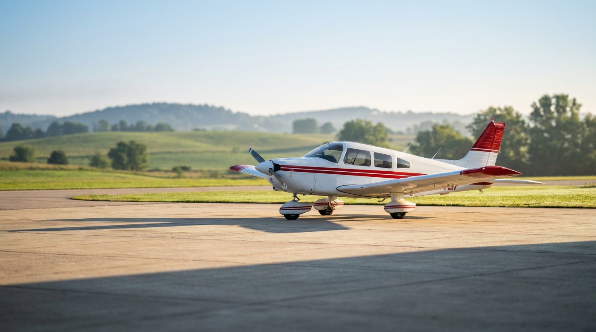 A single-engine aircraft parked on the ramp at a rural Kentucky airport in warm morning light